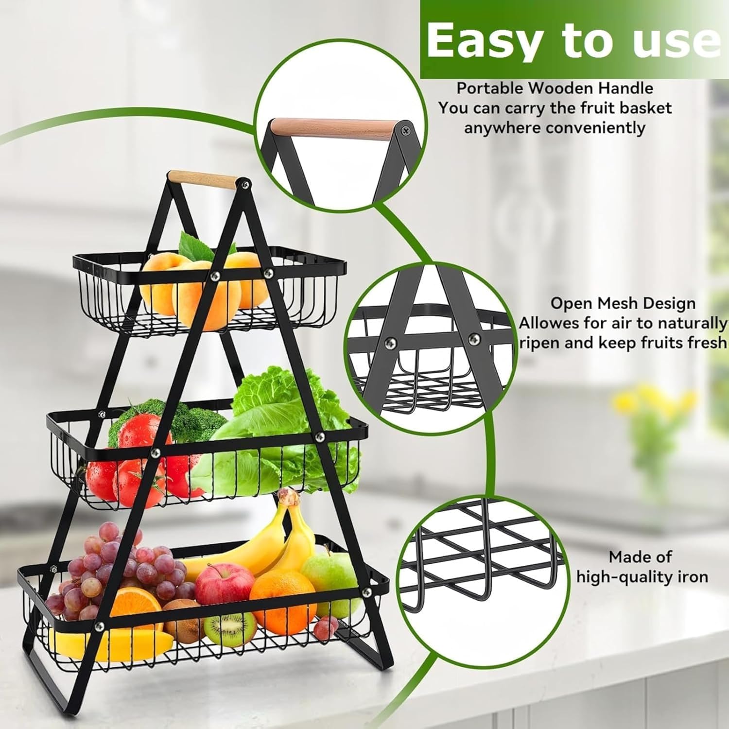 ECVV 3-Layer Countertop Fruit Storage Basket, Vegetable Rack Bread Display Stand for Kitchen, Black
