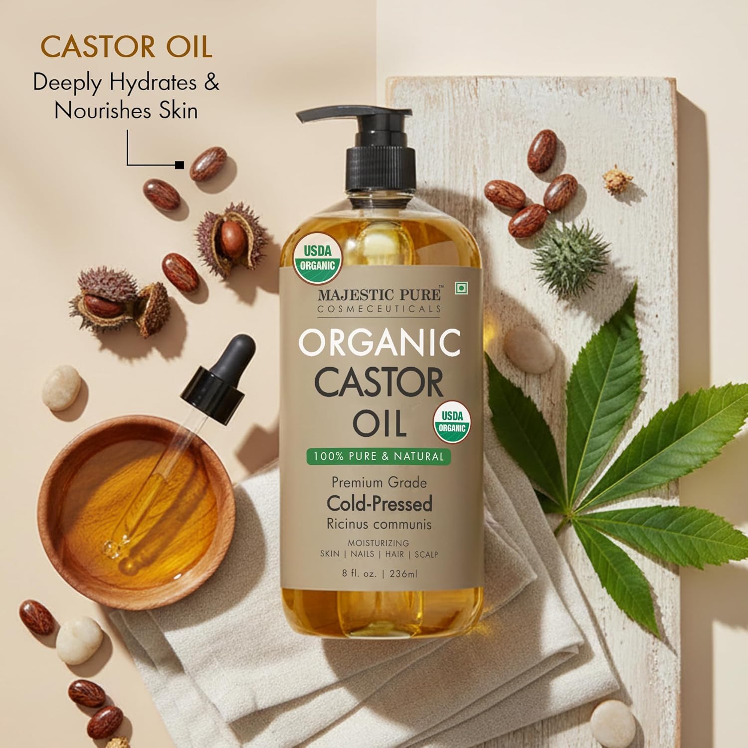 Majestic Pure USDA Organic Castor Oil | Hexane Free & 100% Pure | Cold Pressed | Stimulate Growth for Hair, Eyelashes, Eyebrows, Nails | Moisturizing & Nourishing | Body, Hair & Carrier Oil | 8 Fl Oz