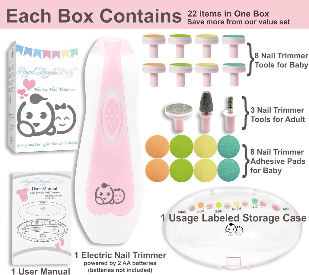 Royal Angels Baby Nail Clippers 20 in 1 by Baby | Safe Electric Baby Nail Trimmer, Baby Nail File Kit, Additional Replacement Heads, Newborn Toddler Toes and Fingernails, Trim and Polish (Pink)