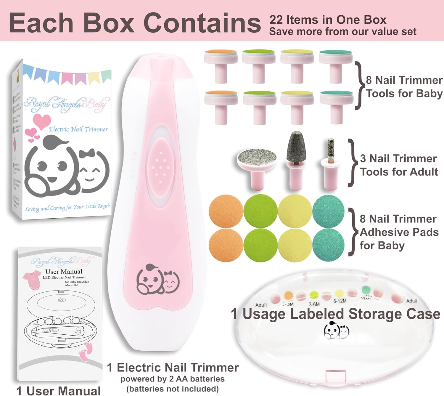 Royal Angels Baby Nail Clippers 20 in 1 by Baby | Safe Electric Baby Nail Trimmer, Baby Nail File Kit, Additional Replacement Heads, Newborn Toddler Toes and Fingernails, Trim and Polish (Pink)