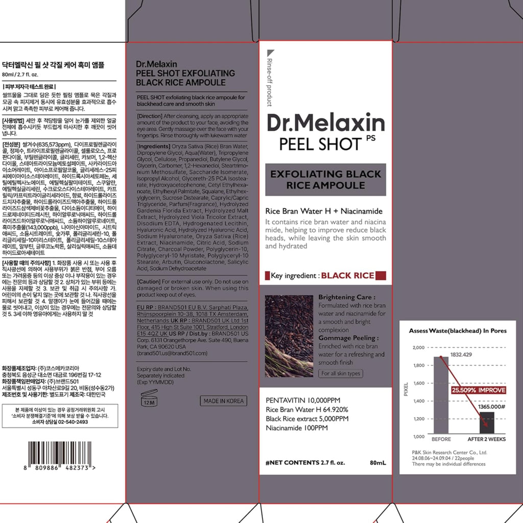 Dr.Melaxin Peel Shot Glow Black Rice Peeling Ampoule, Soft Exfoliating Face and Body Scrub Dead Skin Cells, Blackheads Remover for All Skin Types, 80