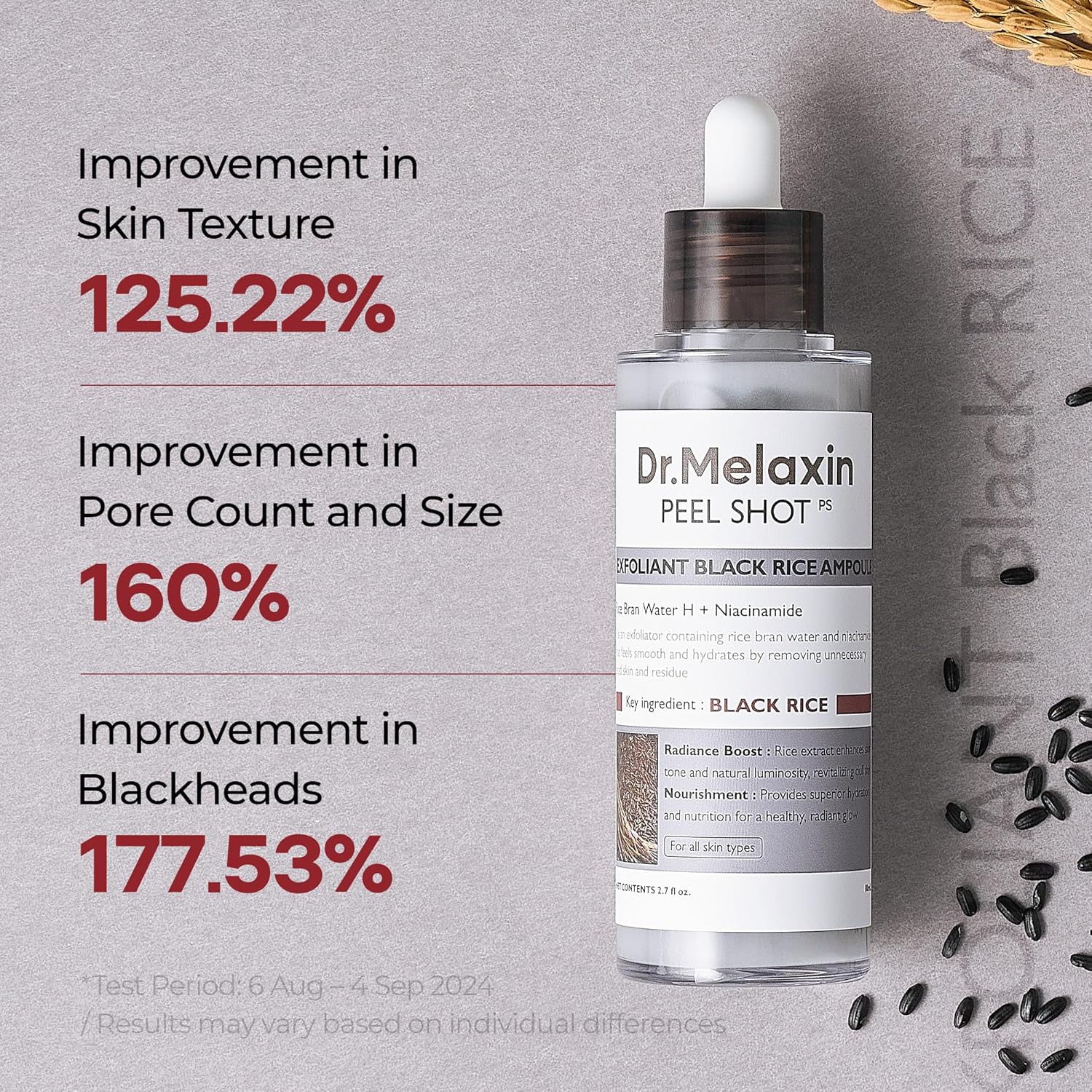 Dr.Melaxin Peel Shot Glow Black Rice Peeling Ampoule, Soft Exfoliating Face and Body Scrub Dead Skin Cells, Blackheads Remover for All Skin Types, 80