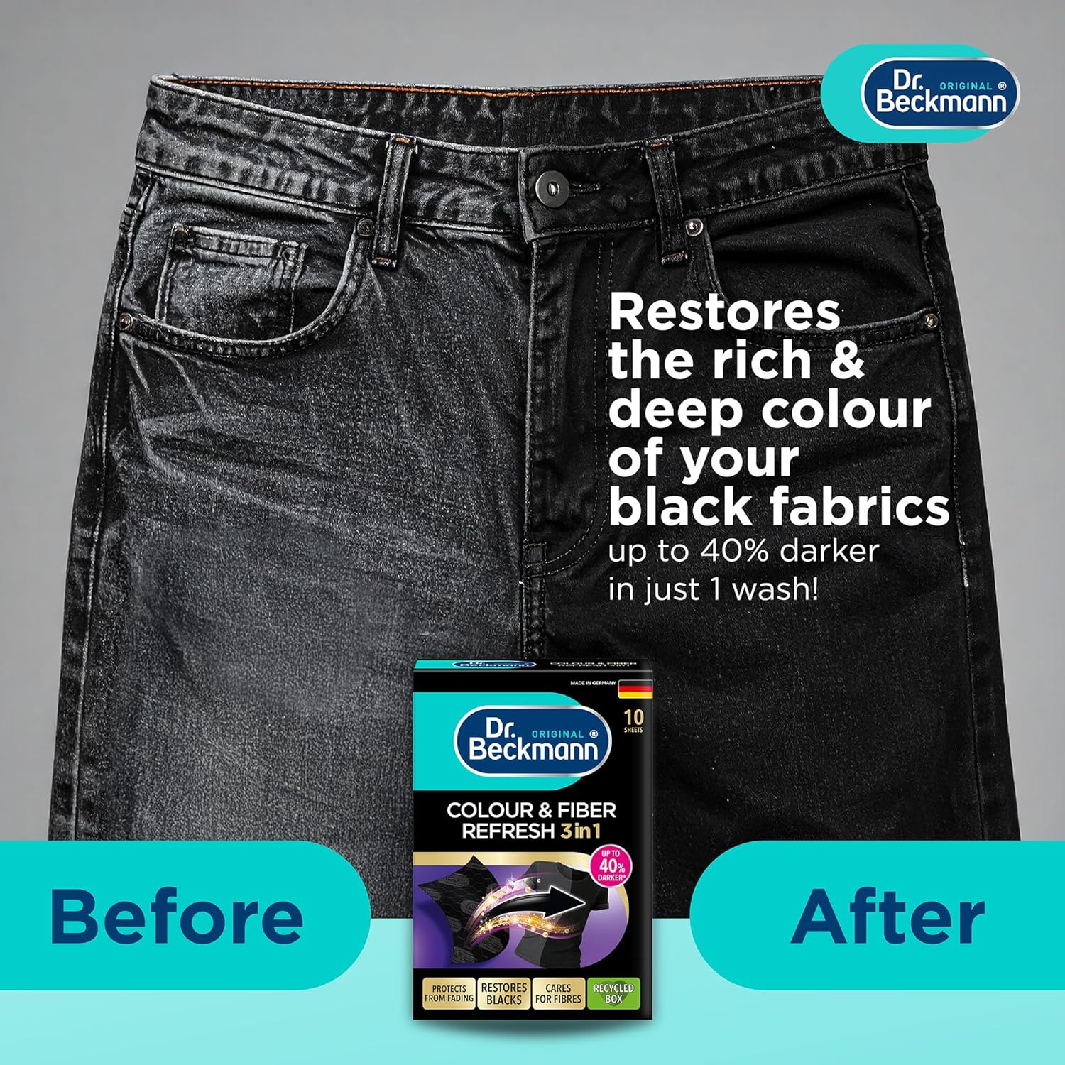 Dr.beckmann Dr. Beckmann 3 in 1 Black&Fibre refresh Sheets, Restores and protects faded black garments, Smoothens rough fibres, Easy to use, DIY, Laundry Cleaning Essentials, 10 Sheet